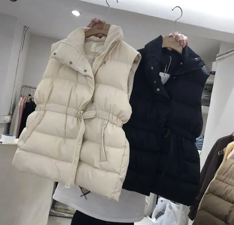 2022 autumn winter new down jacket solid color drawstring waist slimming stand collar sleeveless down vest jacket women
