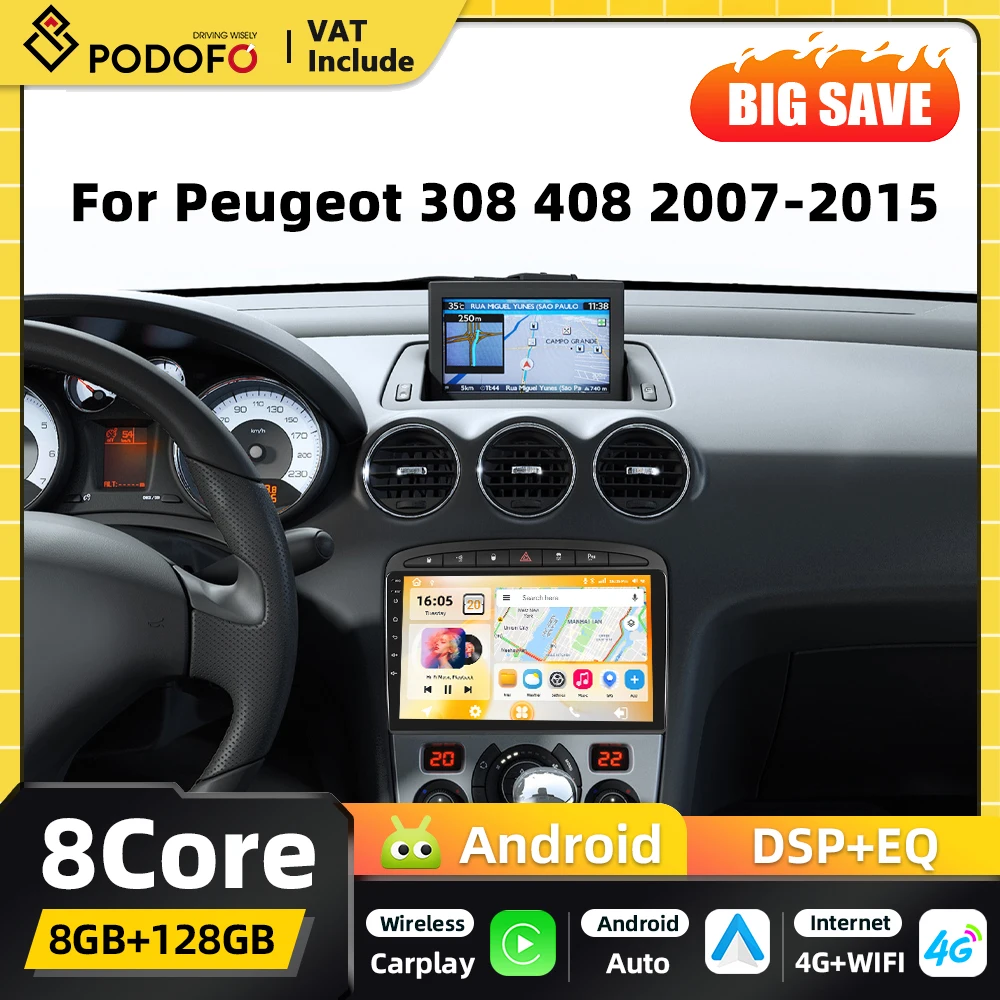 Reproductor Multimedia para Auto Android 2DIN Podofo 8+128G para Peugeot 308 408 2007-2015, Navegación GPS, Carplay, Android Auto, WIFI, DSP, FM, RDS, Bluetooth 1