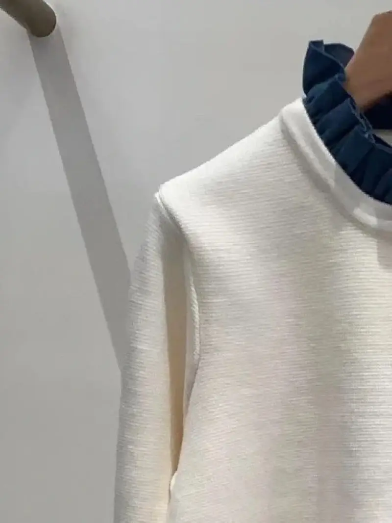 

Женская трикотажная однобортная куртка, белая куртка с вышивкой букв, карманами и оборками на воротнике, модное осенне-зимнее пальто с длинным рукавом, 2024