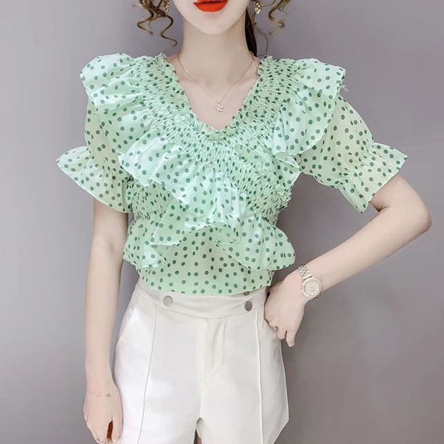 Candy Chiffon Ruffle Detail Top in Apple Green – Polka Dots Boutique