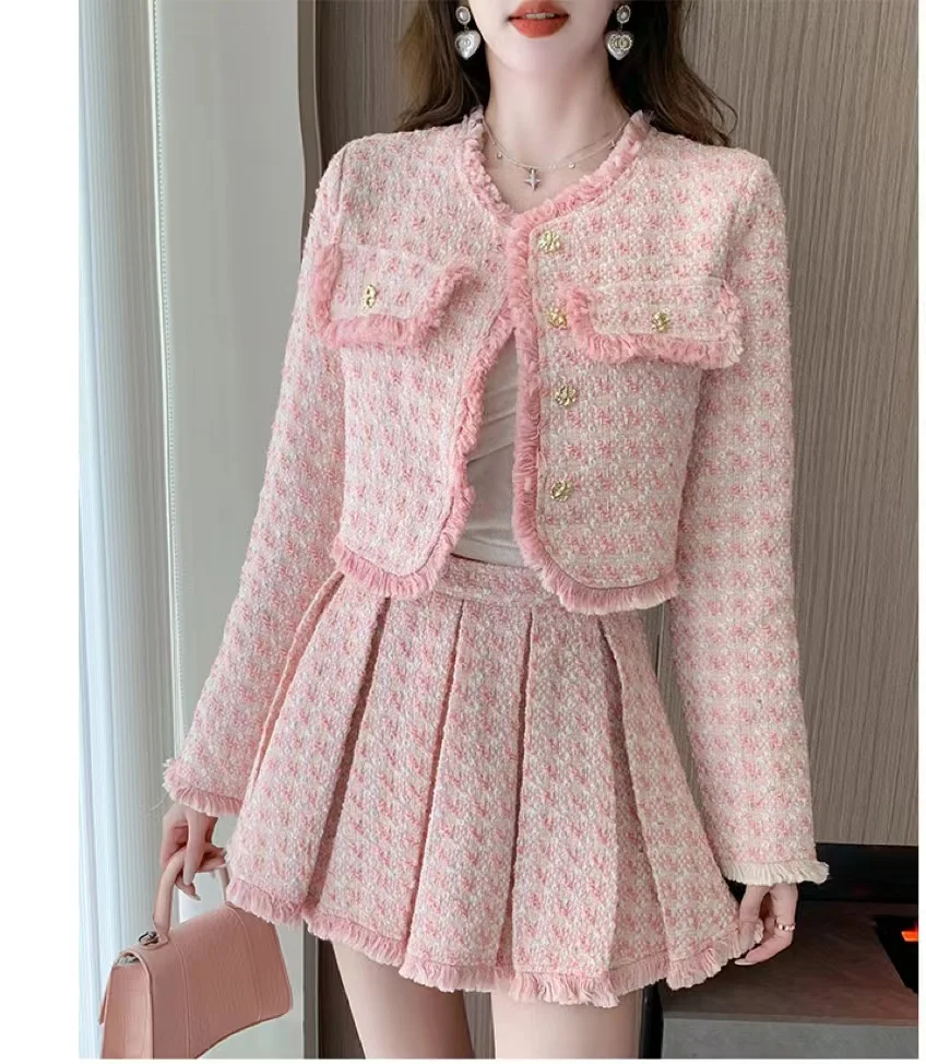 

Autumn Winter Elegant Sweet Tassels Design Tweed Two Piece Set Women Woolen Plaid Short Jacket Coat+Mini Pleated Skirt Suits