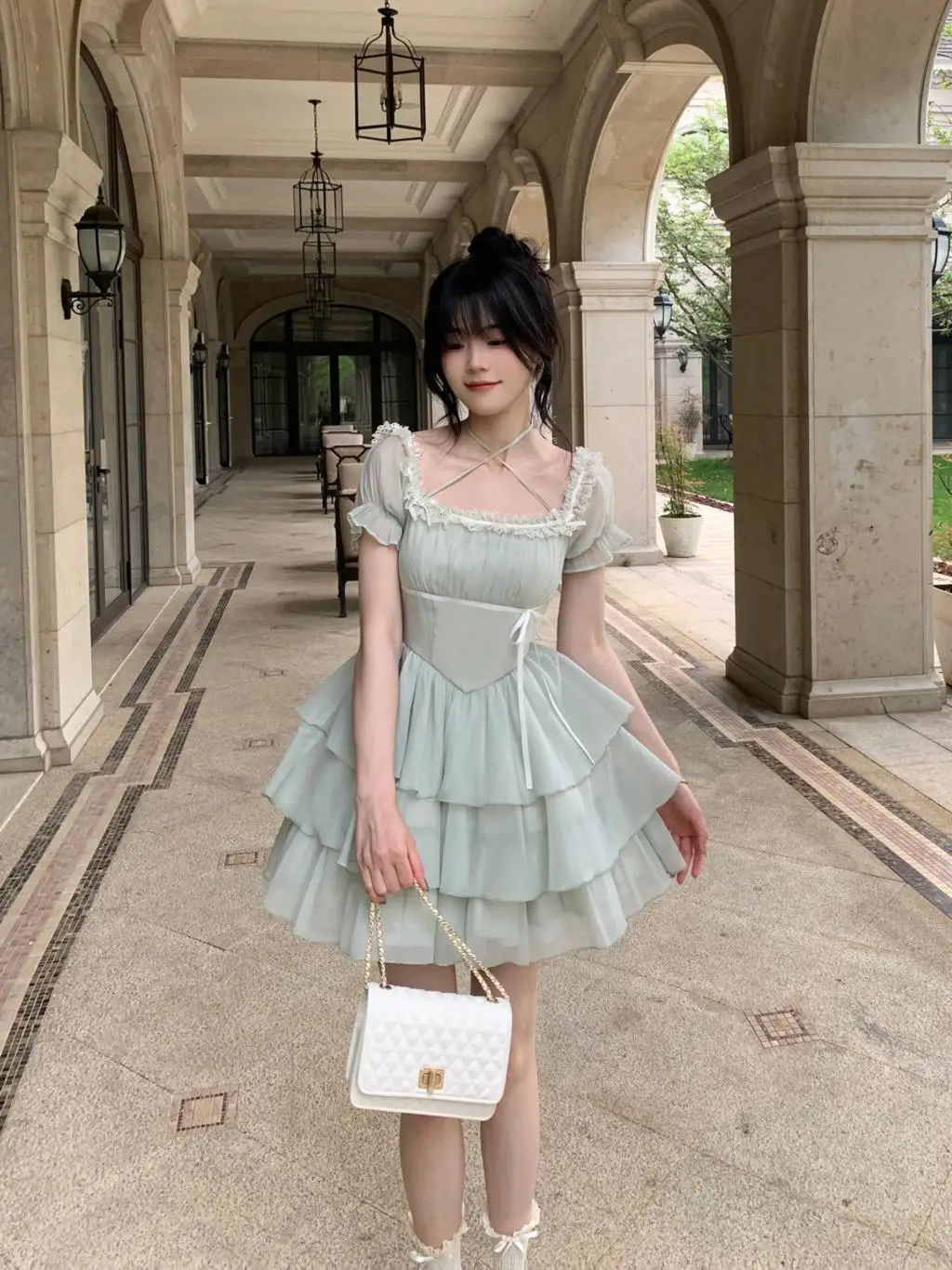 Y2K Princess Birthday Party Dress Lace Patchwork Short Dresses for Women Puff Sleeves Ruffles A-line Cake Vestido Mujer New