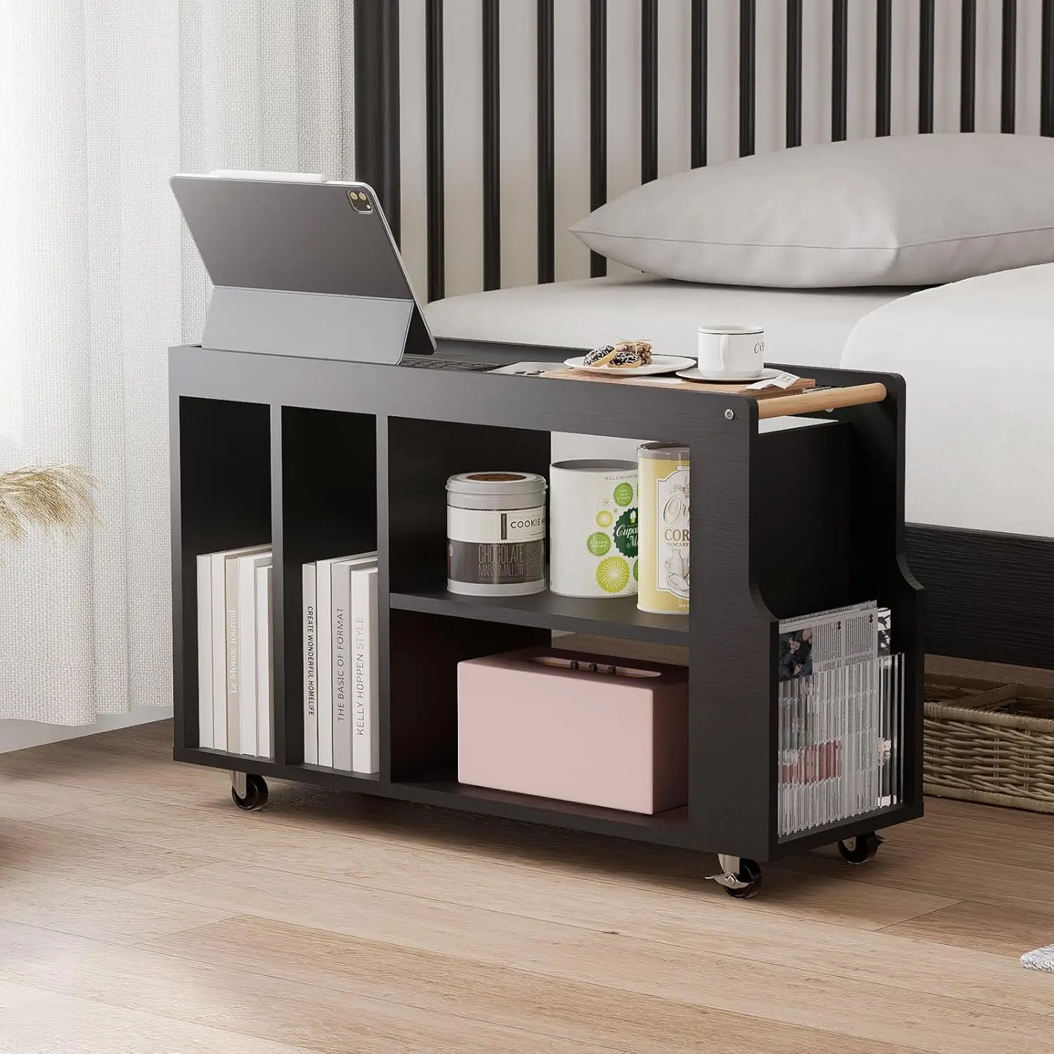 Narrow Side Table with Wheels for Small Spaces, Slim End Table with Magazine Rack & Storage Space, Thin Nightstand