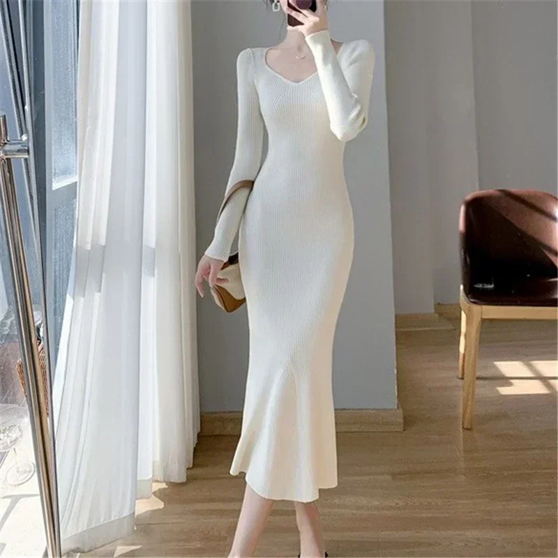 

Autumn V-neck Fashion Solid Color Knitted Mermaid Dress Female Long Sleeve Temperament Bodycon Robe Vestidos De Fiesta J86