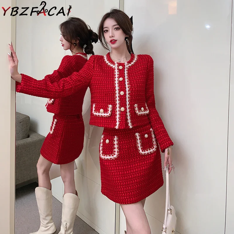 2022 Red Check Tweed Set Women Fall Winter Luxury O Neck Long Sleeve Tweed  Jacket + High Waist Skirt Two Piece Pearl Fringe Coat - Dress Sets -  AliExpress