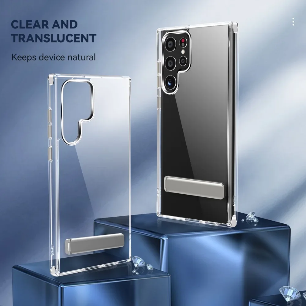 Clear Shockproof Mobile Phone Case with Metal Kickstand and Stand Feature