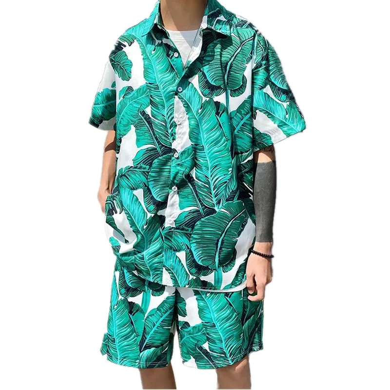 

Casual Suit Mens Hawaiian Beach Summer Sets Vacation Clothing Turn-Down Collars Palm Leaves Print Shirts+Shorts Fashion Mens Set