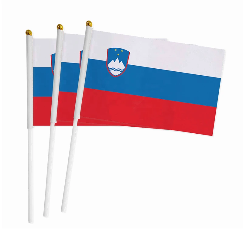 

Aerxrbrae World National Flag 14 * 21cm Slovenia hand wave flags 100pcs / bag with plastic flagpole Polyester