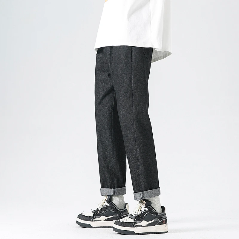 CUMUKKIYP Simply Chic High Street Style Jeans Men Classic Straight-Leg Black Denims Pants Baggy Casual Vintage Blue