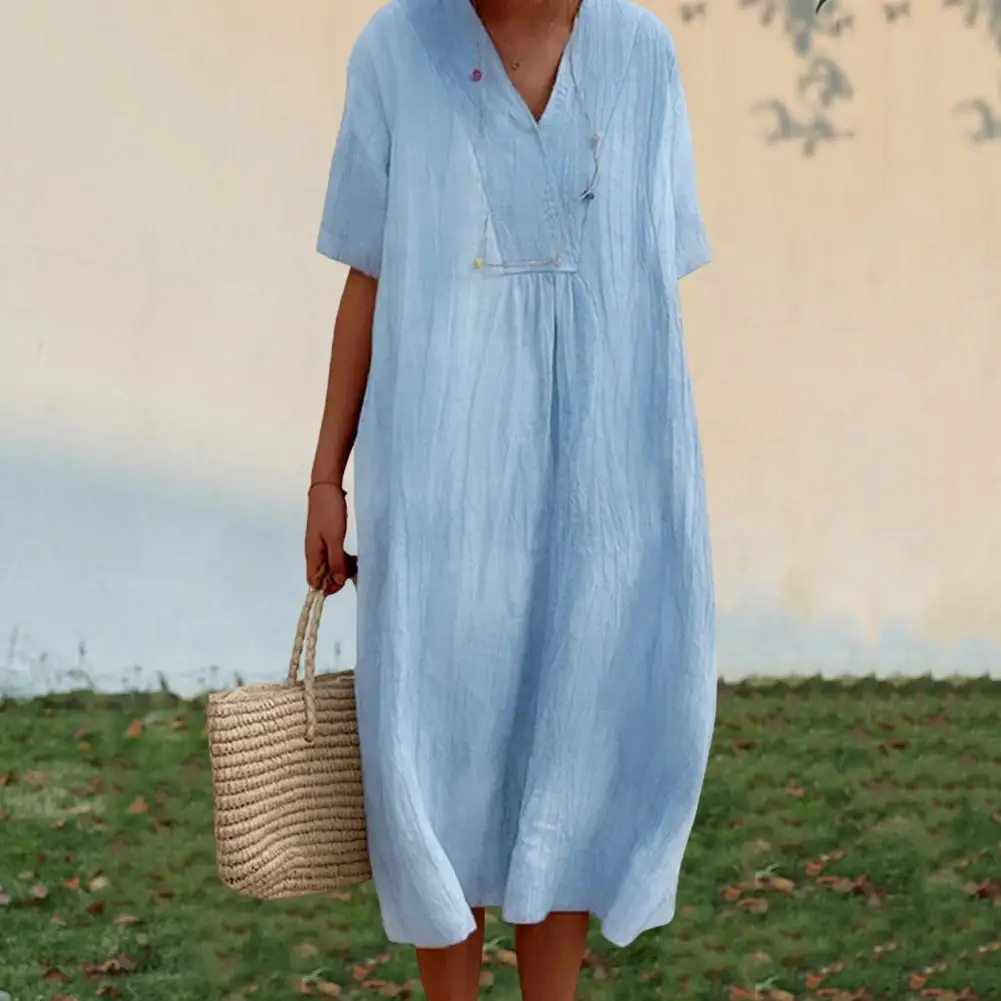 

Long Dress Elegant V Neck A-line Midi Dress for Women Solid Color Loose Pullover with Big Hem for Wear Dating Commuting Summer