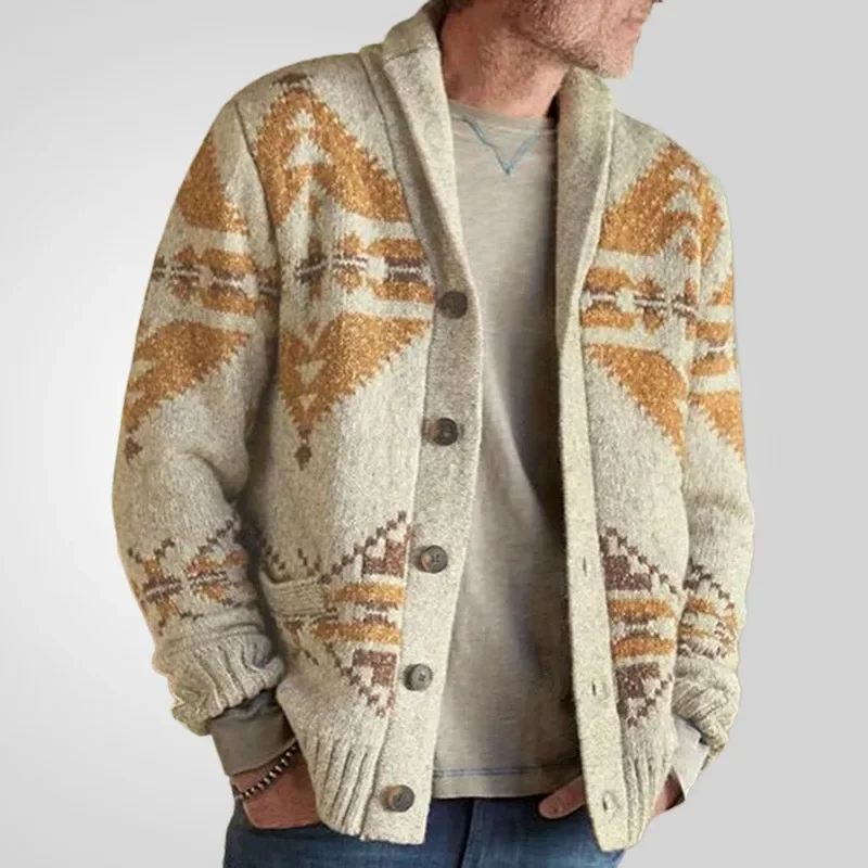 Men's Knit Geometry Graphics Cardigan Jacket Button-down Long Sleeve Sweater Streetwear Popular Knitwear Retro Thickened Coat
