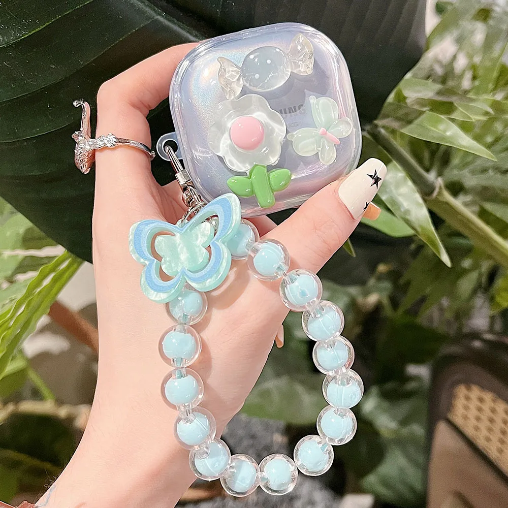 3D Flower Butterfly Transparent Earphone Case with Cute Bear & Bracelet Design