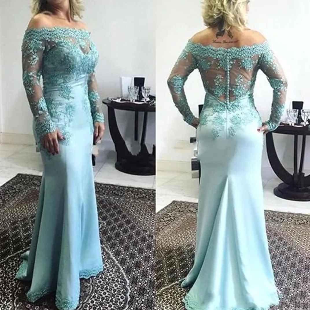 

Light Sky Blue Prom Dresses Long Sleeves Jewel Neck Mermaid Split Long Sleeves Evening Dress Split Sexy Backless