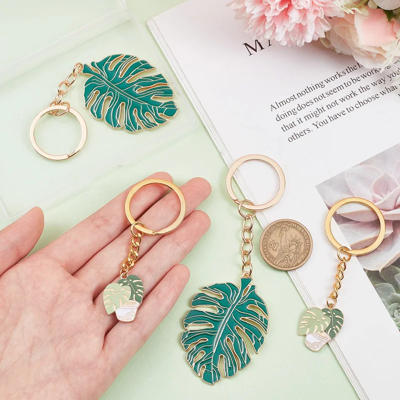 4Pcs Palm Leaf Enamel Keychain Tropical Plant Green Monstera Leaves Key Chain Cute Hanging Pendant Charm Keyrings for Purse Car