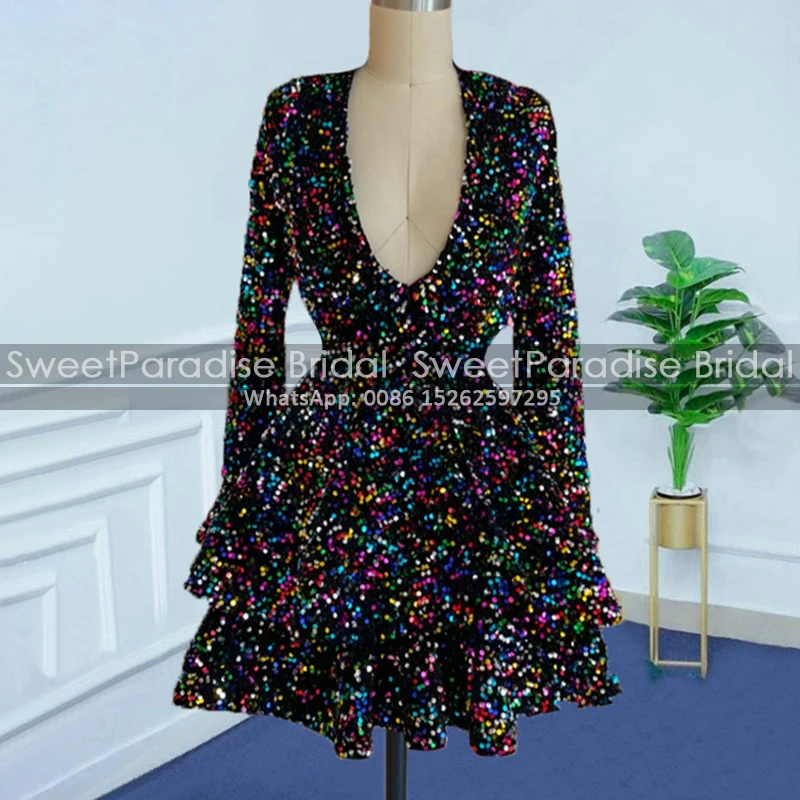 

Colorful Sequins Long Sleeves Short Evening Dress Tiered A Line Deep V Neck Cross Criss Back Mini Prom Dresses Party Gown