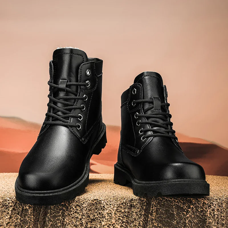 

Мужские зимние ботинки, черные сохраняющие тепло высокие ботинки на толстой подошве, с круглым носком, удобные водонепроницаемые классические, из натурального бархата, модель