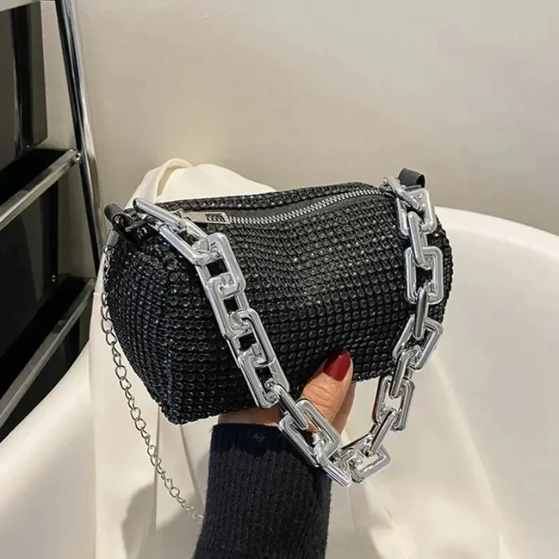 Full Version Rhinestone Bucket Tote Bag, Stylish Sparkling Chain Ball Pillow Shoulder Bag, Women's Mini Hand-Held Crossbody Bag