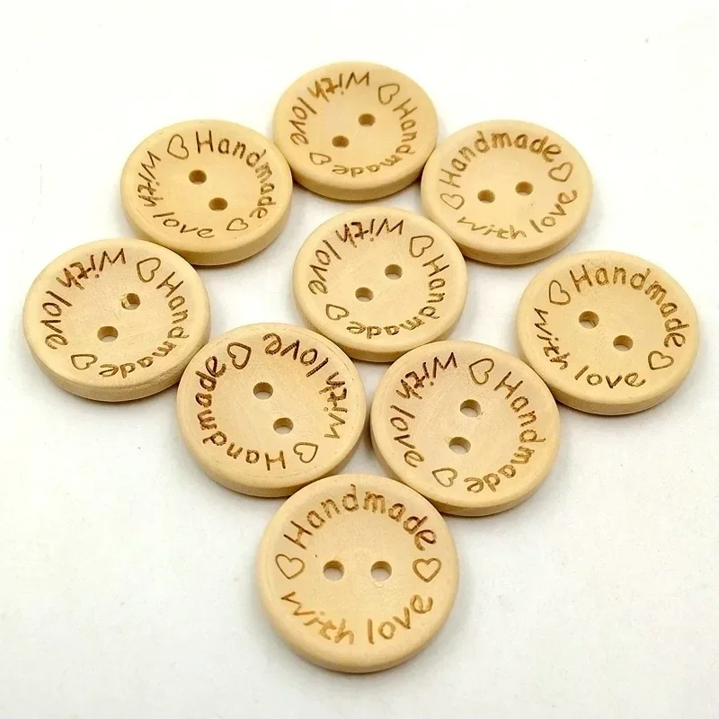 50pcs Wooden Buttons 15/25mm Round Simple 2-hole Buttons "Handmade with Love" Clothing Accessories