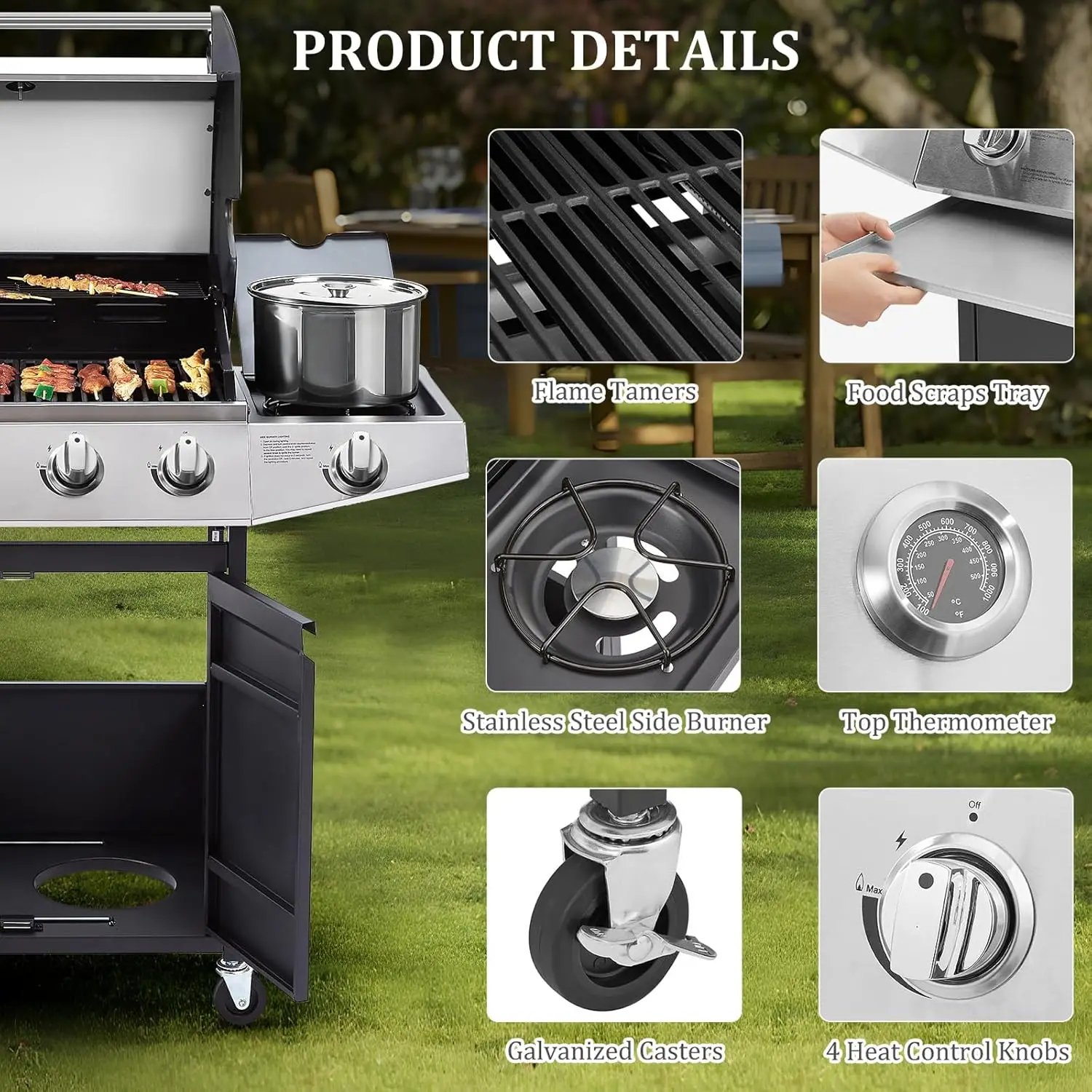 4- Propane Gas BBQ Grill with Side Burner & Porcelain-Enameled Cast Iron Grates Built-in Thermometer, 49,000 BTU O 2