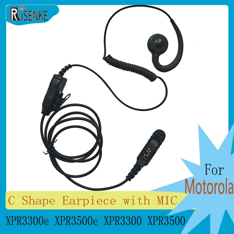 RISENKE-C Shape Earpiece with MIC and PTT, Headset for Motorola XPR3300e, XPR3500e, XPR3300, XPR3500, Radio Walkie Talkie risenke g shape walkie talkie earpiece for motorola 2 5mm 1pin tlkr tlkr t7 t80 t82 extreme t62 t60 t260 radio headset