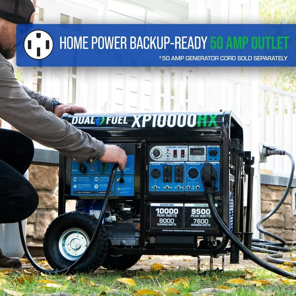 Dual Fuel Portable Generator-10000 Watt Gas or Propane Powered Electric Start w/CO Alert, 50 State Approved Blue
