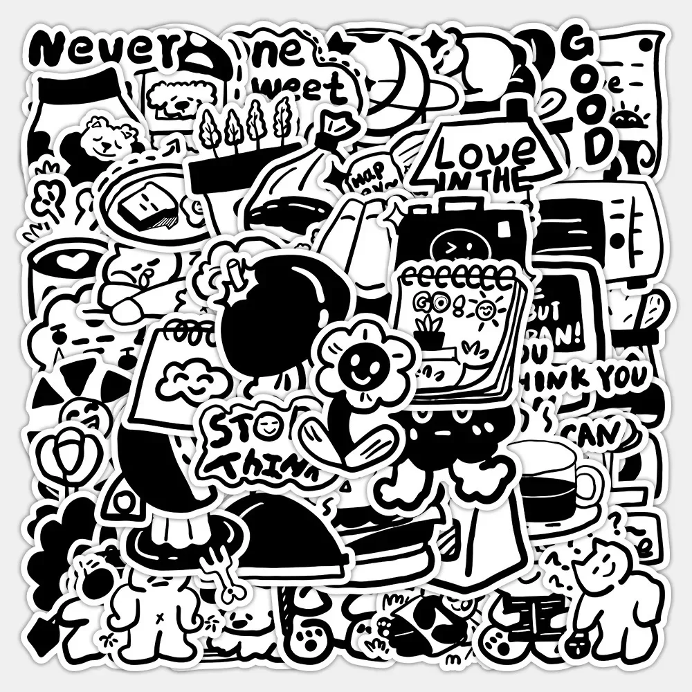 

60Pcs Black White Cartoon Series Graffiti Stickers for Suitcases Phone Cases Laptop Skateboard Decorative Stickers DIY Toys
