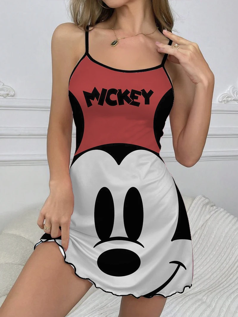 Sexy Dress Minnie Mouse Fashion Summer Dresses 2024 Disney Crew Neck Mickey Pajama Skirt Elegant Dresses for Women Lettuce Trim 6