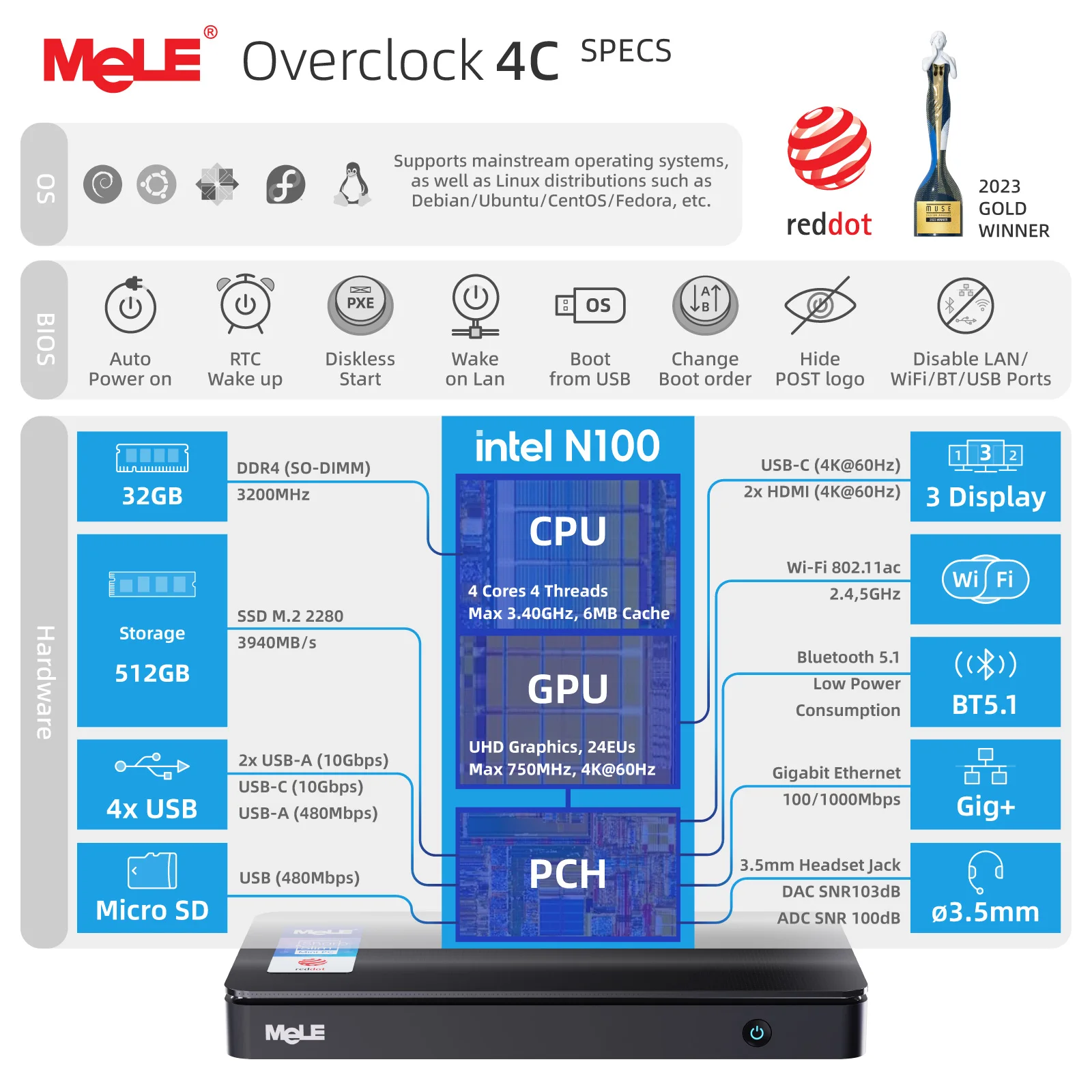 MeLE Mini PC Overclock4C｜N100/16GB/512GB Amazon.com: MeLE Reddot Winner Slim Mini PC Overclock4C N100