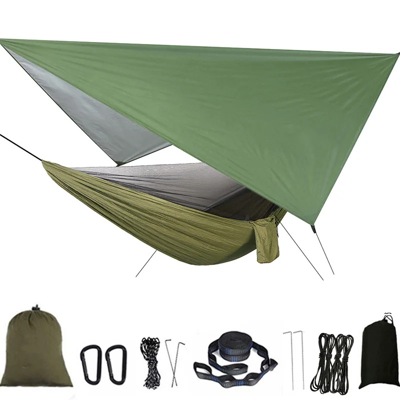 Camping Hammock Mosquito Net and Rain Fly Tarp Portable Tent Parachute Hammock with Tree Strap Indoor Outdoor Backpacking Travel 