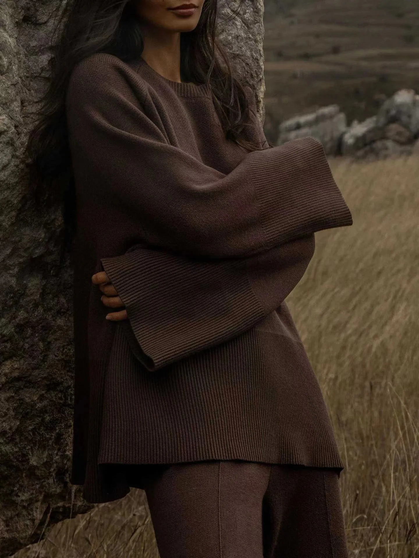 Conjuntos casuales sueltos de dos piezas para mujer, suéter de punto de gran tamaño y pantalones acampanados, conjuntos de chándal de punto para mujer, conjuntos de suéter