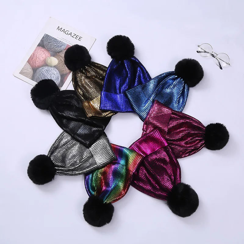 Knitted Winter Hats for Women Beanies Knitted Female Beanie Caps Fur Pom Pom Paillette Bling Hat Warmer Bonnet Ladies Casual Cap 2