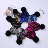 Knitted Winter Hats for Women Beanies Knitted Female Beanie Caps Fur Pom Pom Paillette Bling Hat Warmer Bonnet Ladies Casual Cap 2