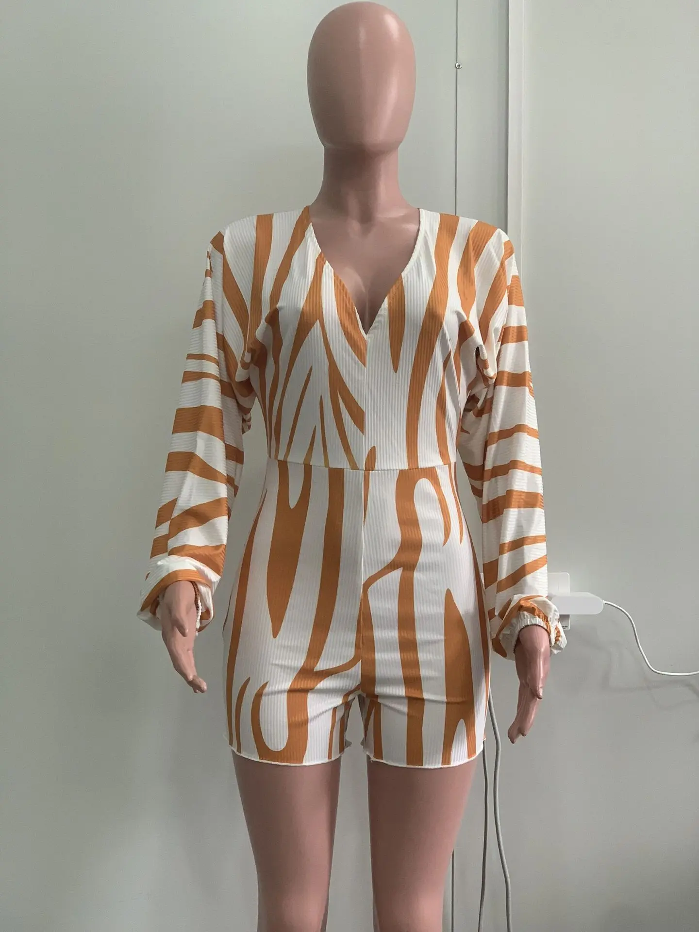 Long Sleeve V-neck Orange Zebra Striped Print Backless Lace Up Playsuit Summer Autumn Jumpsuit Slim Sexy Jumpsuit Women