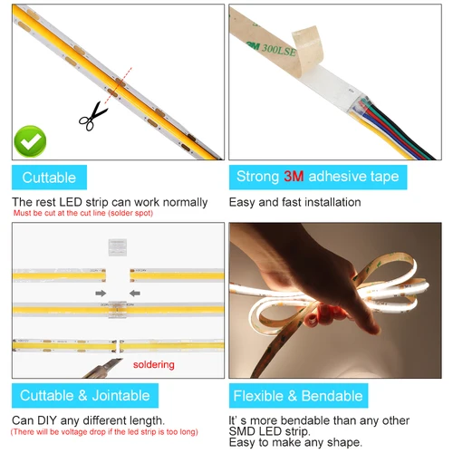 12V/24V COB LED 스트립, 레드/옐로우/그린/핑크/블루/쿨 블루/웜/내츄럴/쿨 화이트 고밀도 유연한 조광 가능 RA90 LED 스트립 5