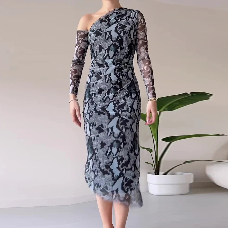 

2024 Spring Fashion Snake Print Long Party Dress Women Elegant Skew Collar Slim Bodycon Dress Autumn Long Sleeve Boho Maxi Dress