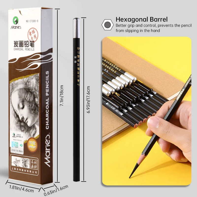 12pcs Marie's Charcoal Pencils,Extra Soft/Soft/Medium Art Graphite Pencils Set for Drawing,Sketching,Shading,forArtists,Adults 3