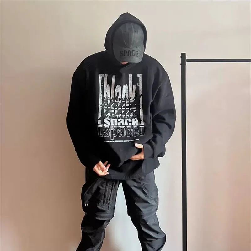 

FAR Black Hoodie Letter Print Plush High Street 1:1 Vintage Wash Casual Large Hoodie