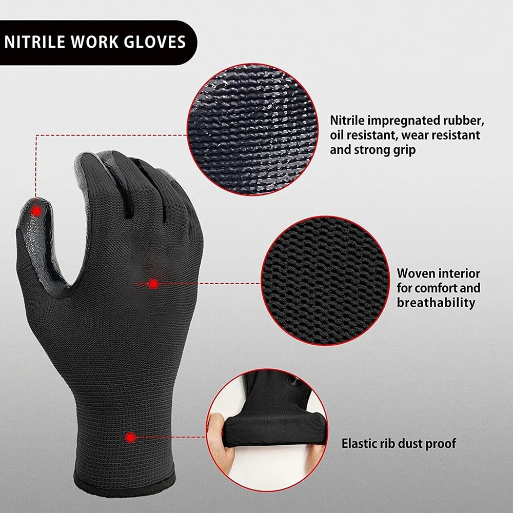 1 Pair Nylon Safety Working Gloves Premium Nitrile Coated Builders Gardening Grip Excellent Industrial Protective Work Gloves 3