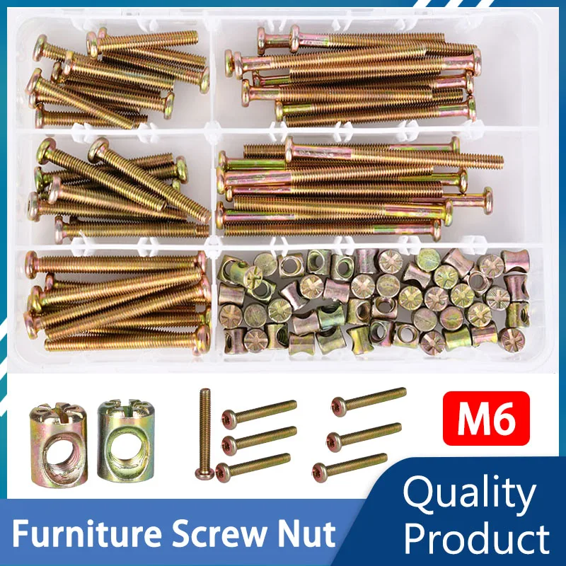 Hexágono Hex Móveis Parafuso Porca Conjunto Zine m6 Parafusos Roscados Phillips Nuts Cama de Madeira Cadeira de Mesa Berço Parafusos Sortimento Kit