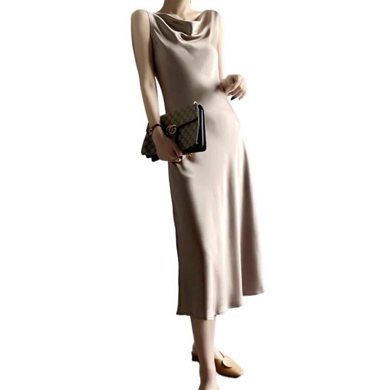 

Summer Elegant Sexy Satin Tank Dress For Women Fashion A-line Long Dress Ladies Holiday Sleeveless Slim Party Dress Vestidos