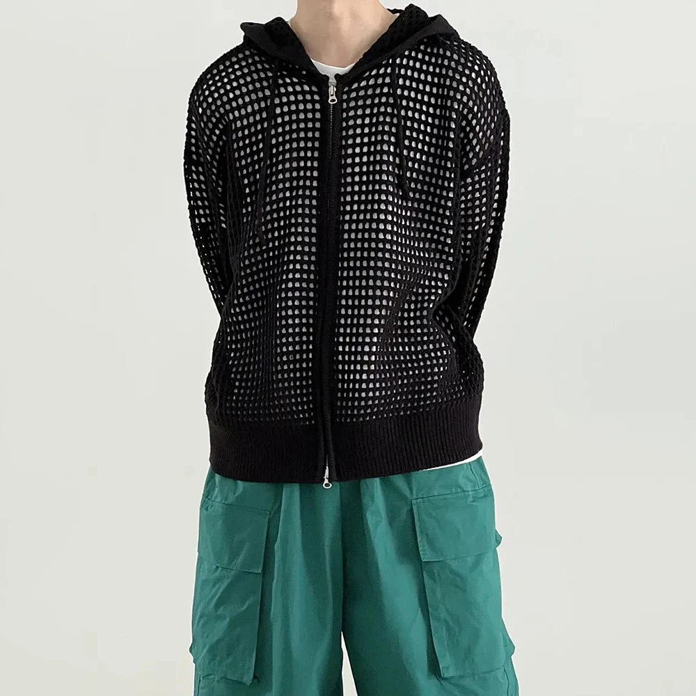 Y2k Knitted Cardigan Men's Hollow Design Zipper Hoodie Outerwear Autumn Fashion Oversized Loose Sexy Long Sleeve Sweater Jacket