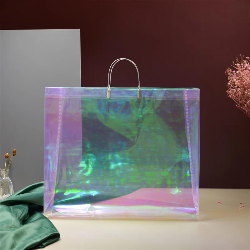 3 Pcs Iridescent Gift Bags with Handle Clear Holographic PVC Plastic Gift  Bags Small Heavy Duty Gift Wrap Tote Bags for Party, Wedding, Birthday