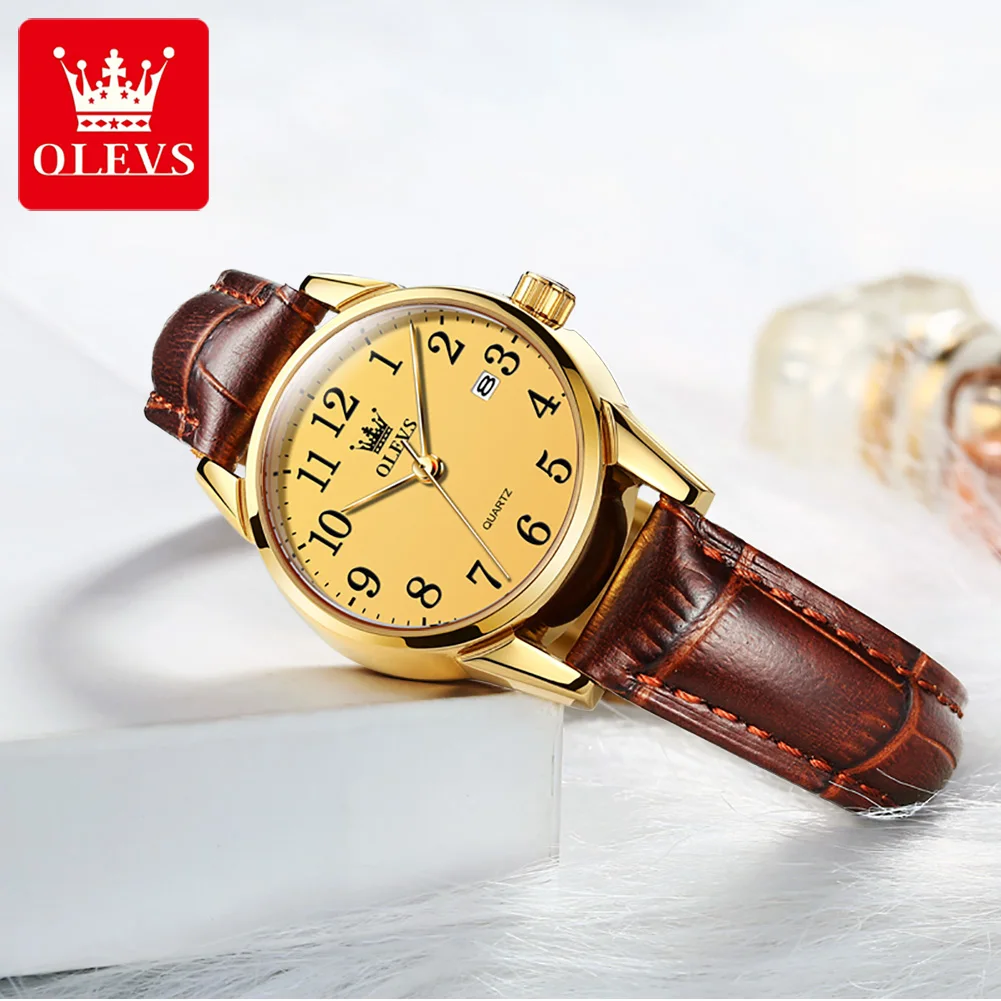 

Classic Golden Ladies Watch Luxury Brand Leather Band Numeral Scale Date 30m Water Resistance Women's Quartz Wristwatch Clock