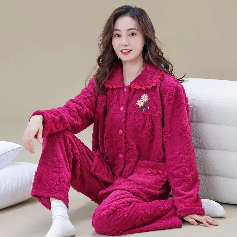 2024 New Pajamas Women's Autumn and Winter Loungewear Coral Plush Homewear Flannel Thickened Large Plush Warm Homewear Set