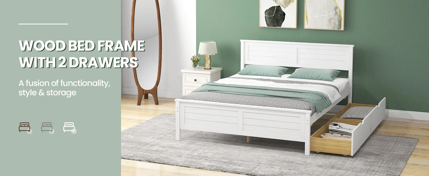 wood bed frame with 2 drawers