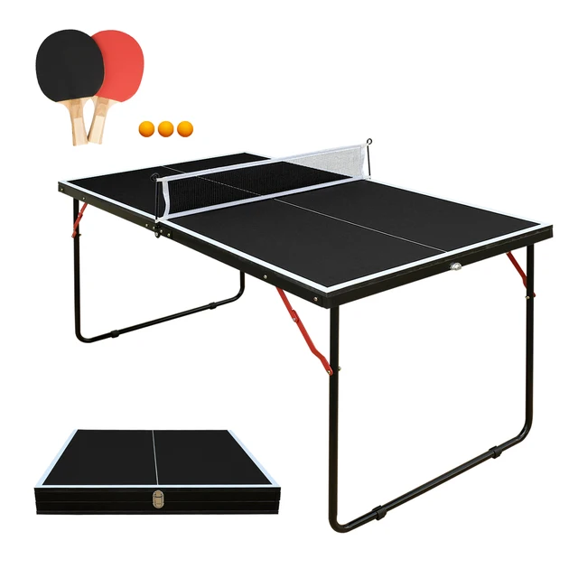 4.5 ft Black Foldable Table Tennis Table Set, Portable Ping Pong Table with Net and 2 Paddles