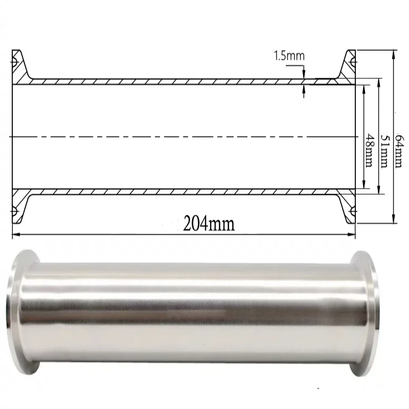 2"(51mm) OD64 Sanitary Tri Clover Spool Tube/Pipe , Length 204mm Tri Clamp Pipe Thickn ess 1.5mm