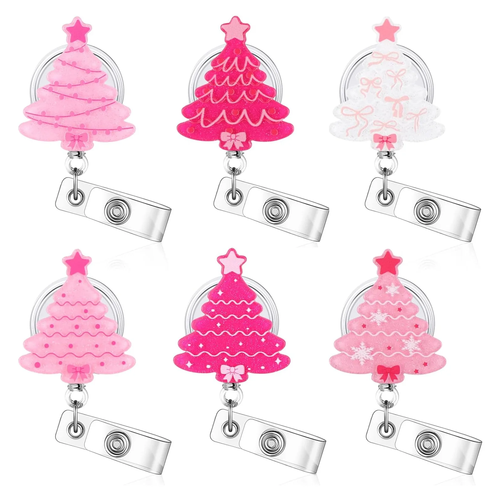 Acrylic Glitter Pink Christmas Tree Retractable Badge Reel Name Tag Alligator Clip Medical ID Badge Holder Christmas Gift