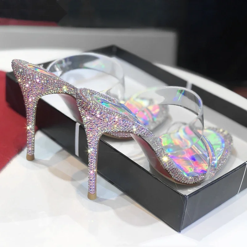 New rhinestone high heels for women, slim heels, transparent crystal shoes for fairy, cool slippers for women