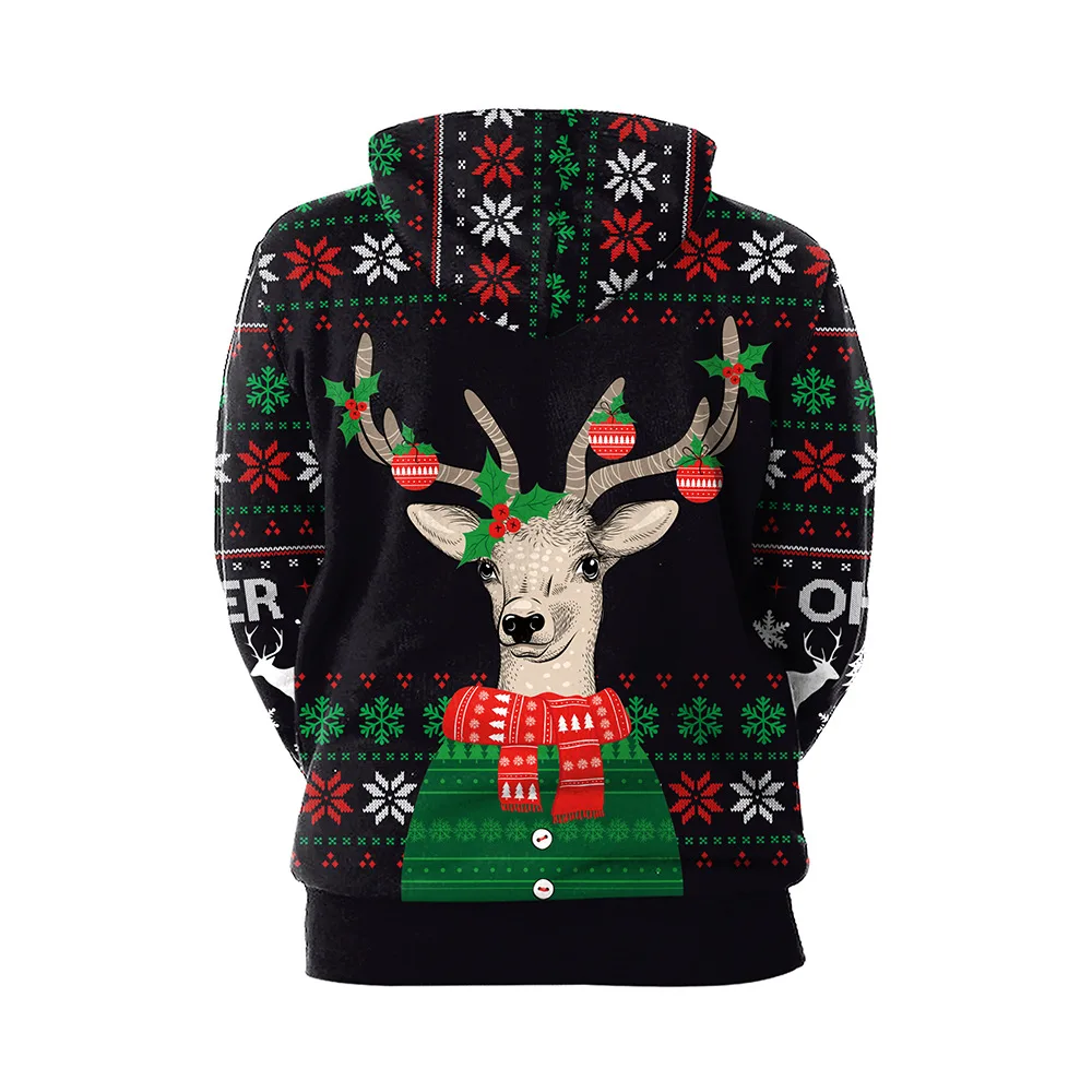 Elk Christmas Hoodies for Women Men 3D Print Hooded Pullover Casual Loose Streetwear Party Sweatshirt Pocket Oversized Clothes